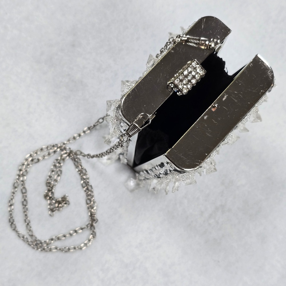 Silver Sequin Crystal Embellished Box Clutch Crossbody Bag Chain Strap Handbag - Picture 12 of 16